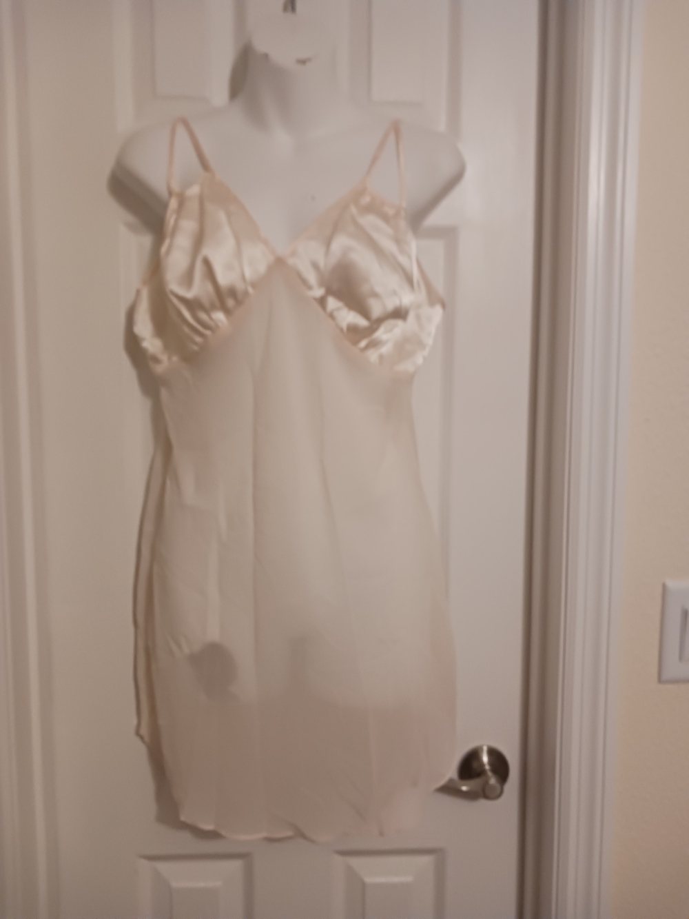 Vintage Blush Pink Satin Slip Chemise with Adj Straps Sheer Large